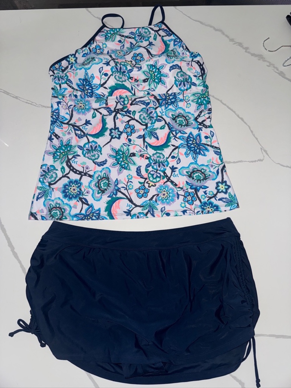 Free Country Navy and Aqua Floral Halter Tankini Set